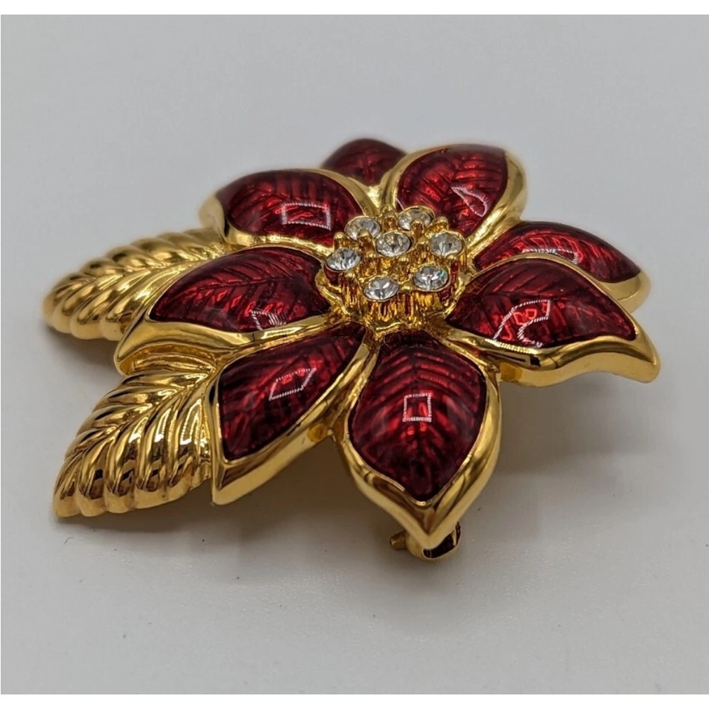 Monet Red and Gold Rhinestone Poinsettia Brooch - Picture 4 of 10